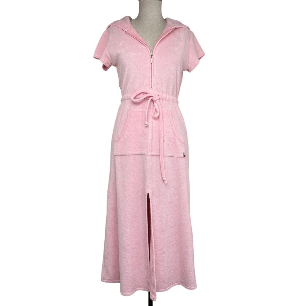 Vintage Tommy Jeans Terrycloth Hooded Midi Dress Pink Size M Y2K Preppy Resort